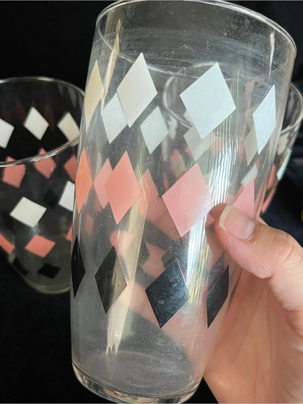 Libbey Glass Harlequin Pink Black White Diamond Pattern Atomic MCM 50s set of 3
